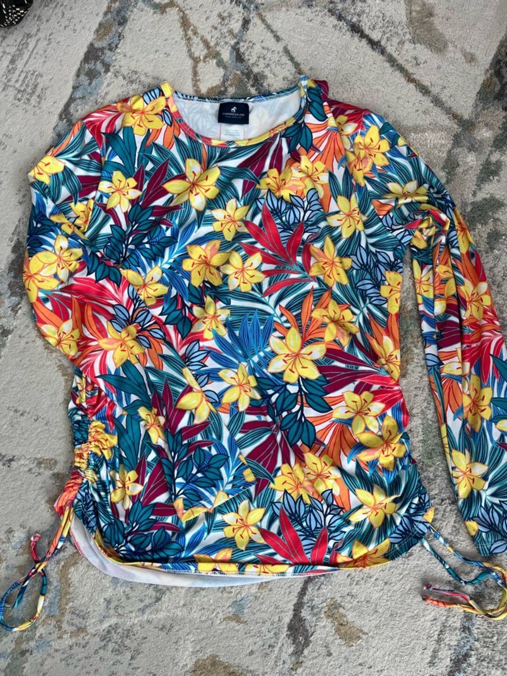 CARIBBEAN JOE Yellow Floral Long-Sleeve Tropical Print rash guard.